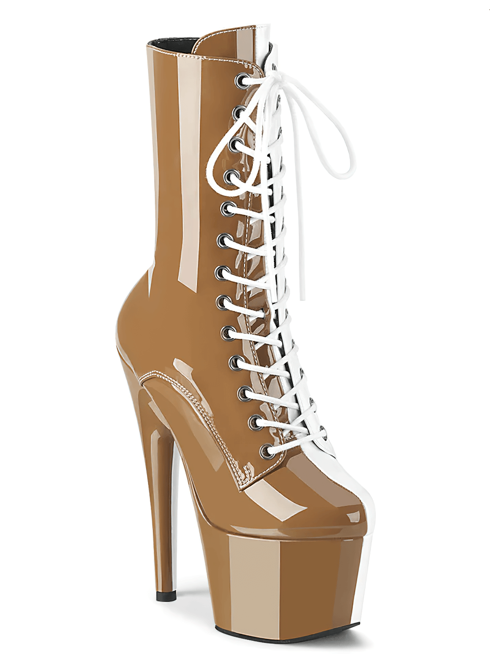 Two-tone lace-up patent ankle boots with edgy platform heels and stylish design.