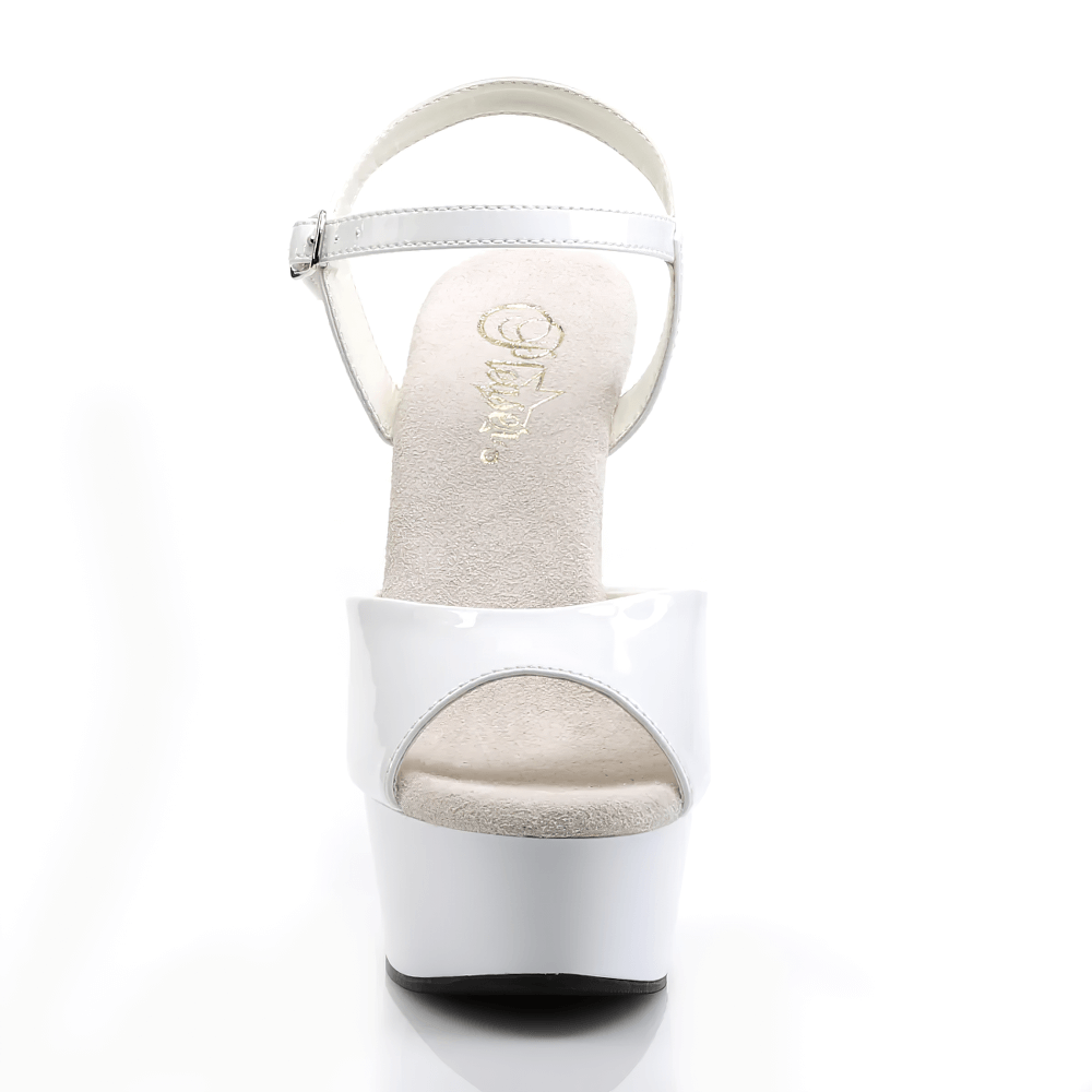 Elegantly designed white peep toe sandal with ankle strap and 6-inch stiletto heel, perfect for chic nights out.