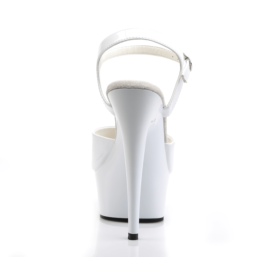 Back view of PLEASER elegant white peep toe sandal with ankle strap and 6-inch stiletto heel.