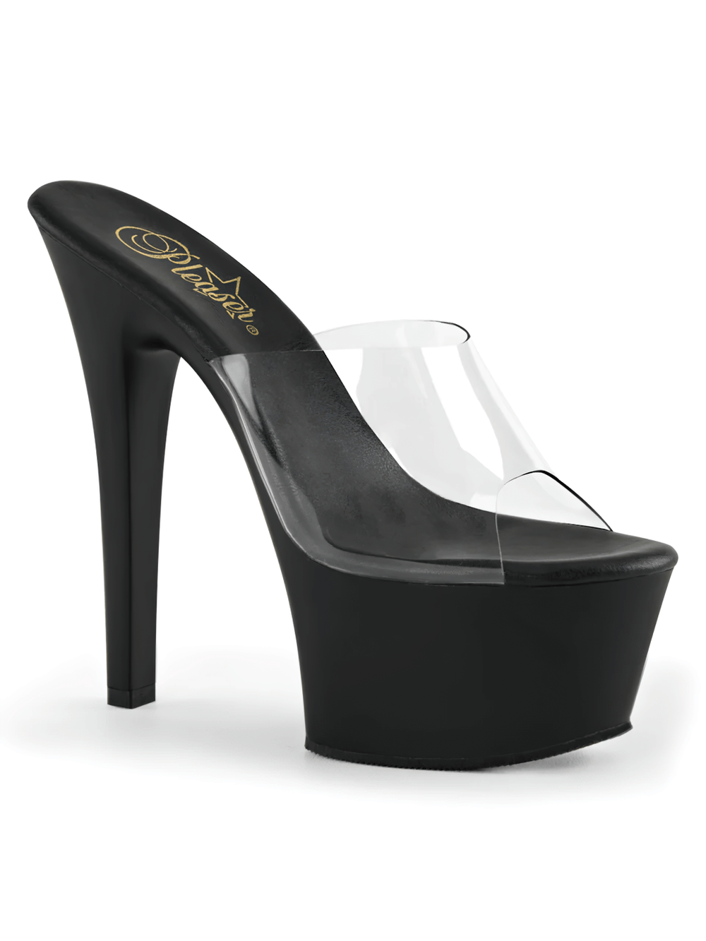 Chic Pleaser elevated vegan leather slides with 6-inch heels and clear straps, perfect for stylish women.