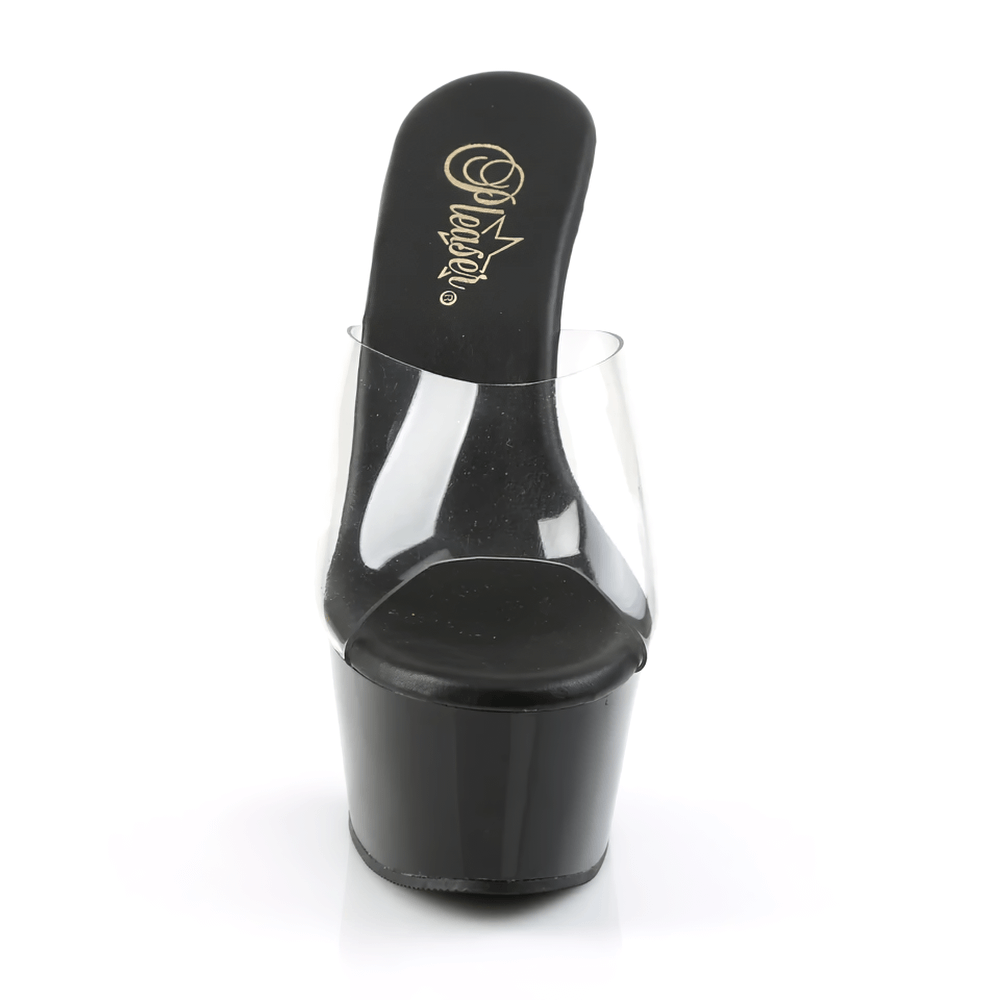 Chic Pleaser vegan leather slides with clear straps and a black platform heel, perfect for stylish eco-conscious women.
