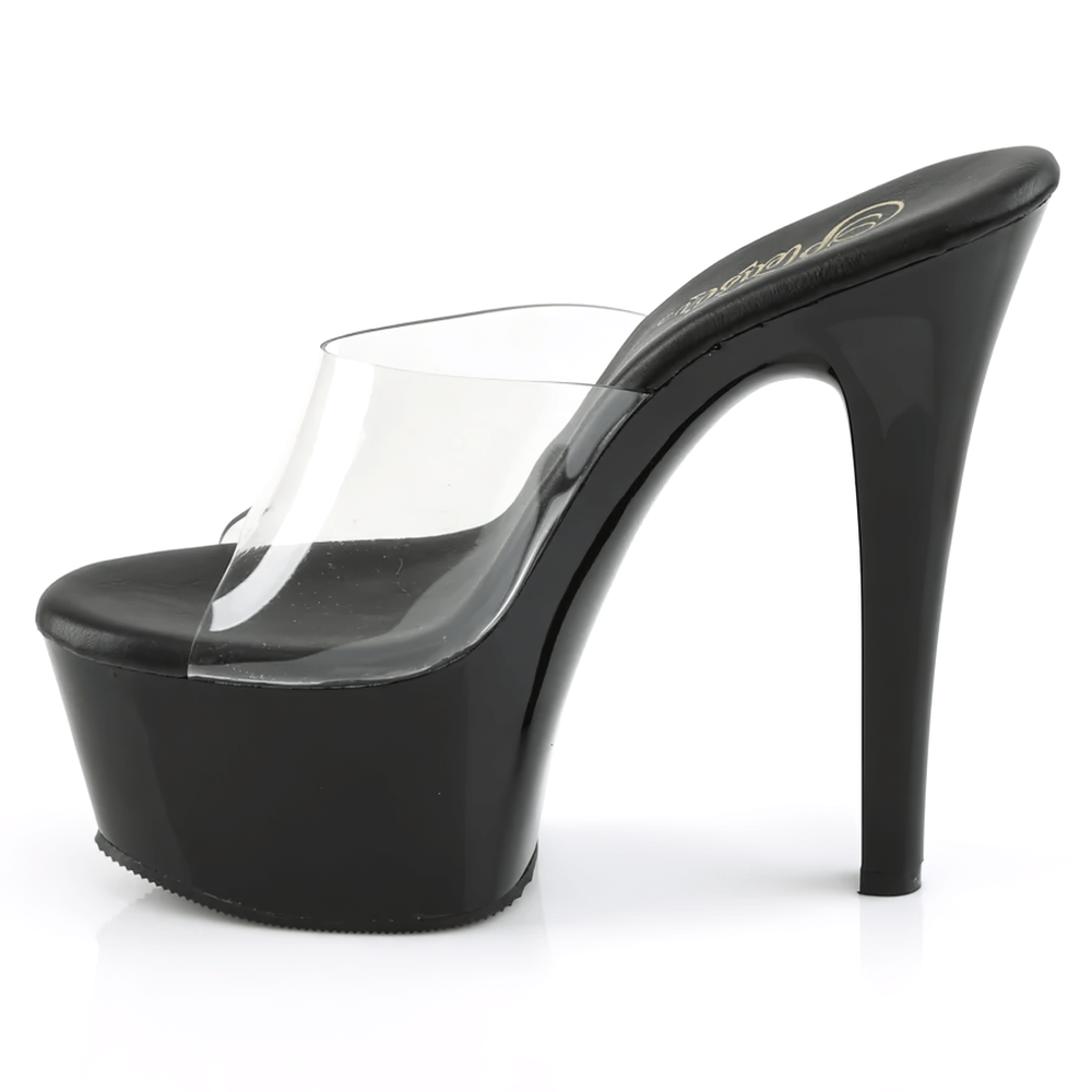 Chic vegan leather elevated slides with clear straps and 6-inch heels for a stylish lift.