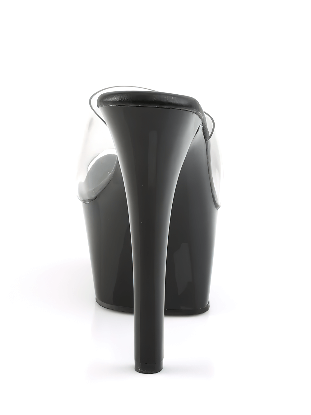 Back view of PLEASER elevated vegan leather slides showcasing 6-inch heels and clear straps for a chic look.