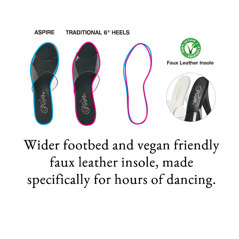 Aspire and Traditional 6-inch heel slides with wider footbed and vegan faux leather insole for dancing.