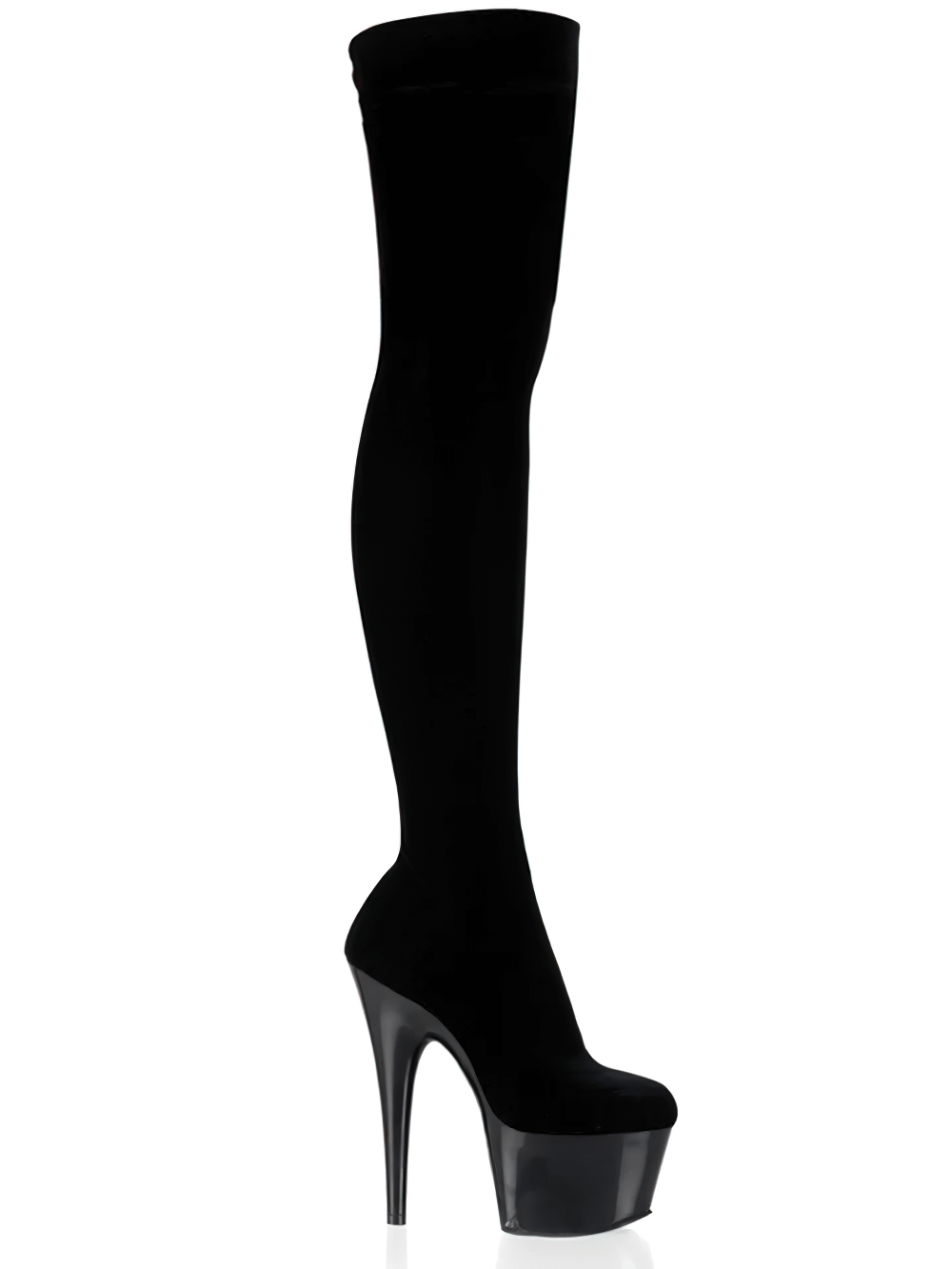 Elegant Pleaser black velvet thigh high stiletto boots with 7-inch heels for a stunning leg-lengthening look.