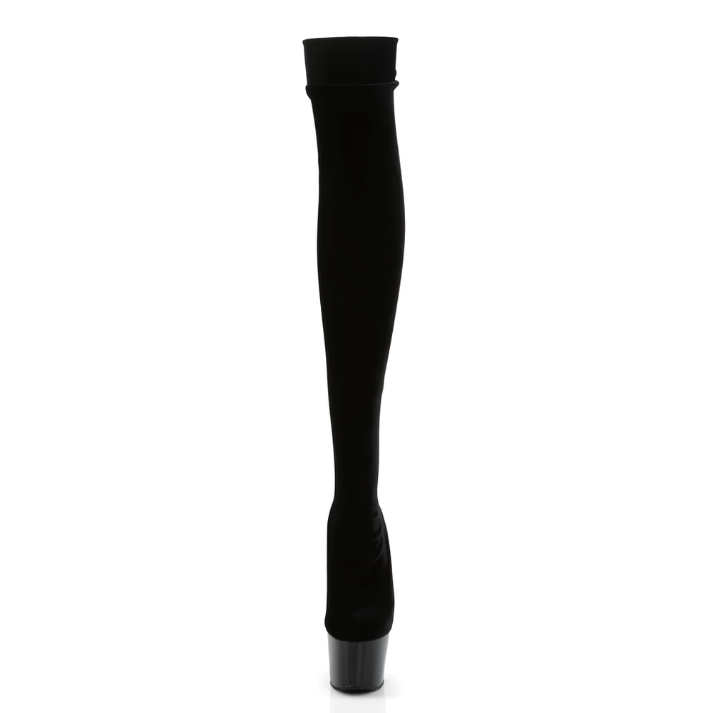 Black velvet thigh high stiletto boot with a sleek design and dramatic heel, perfect for making a bold statement.