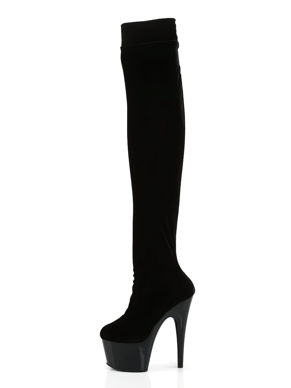 Stylish PLEASER black velvet thigh high stiletto boots with dramatic platform and a sleek silhouette.