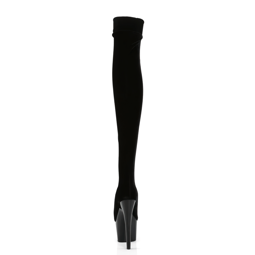 Stunning Pleaser black velvet thigh high stiletto boots with a sleek silhouette and dramatic heel.