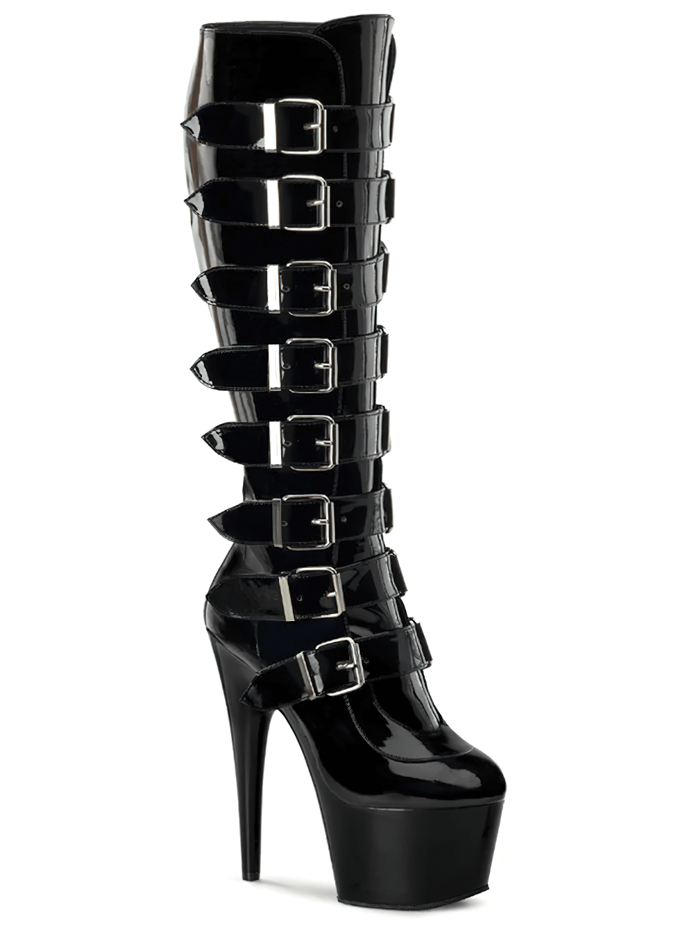 Bold black knee-high platform boots with multiple buckles and a high stiletto heel, perfect for a daring fashion statement.
