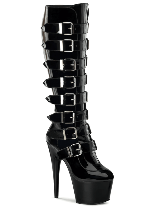 PLEASER Female Buckled Knee-High Stiletto Platforms Boots