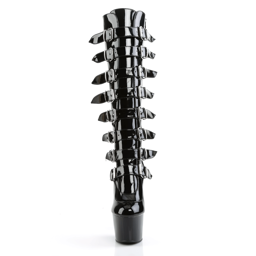 Black knee-high stiletto platform boots with multiple buckles and shiny finish, perfect for bold fashion statements.