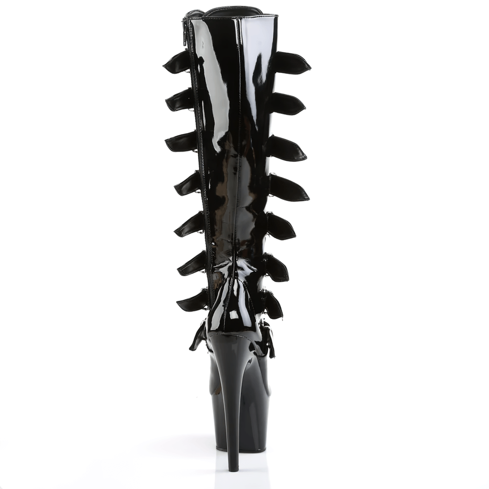 Back view of Pleaser female black knee-high stiletto boots with multiple buckles and glossy finish.