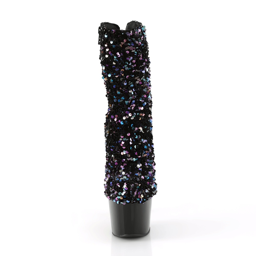 Glamorous black sequins ankle boots for women, featuring iridescent sequins and a striking platform heel.