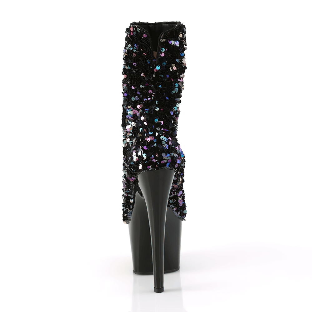 Black sequin ankle boots with 7-inch heels and side zip closure, perfect for glamorous occasions.