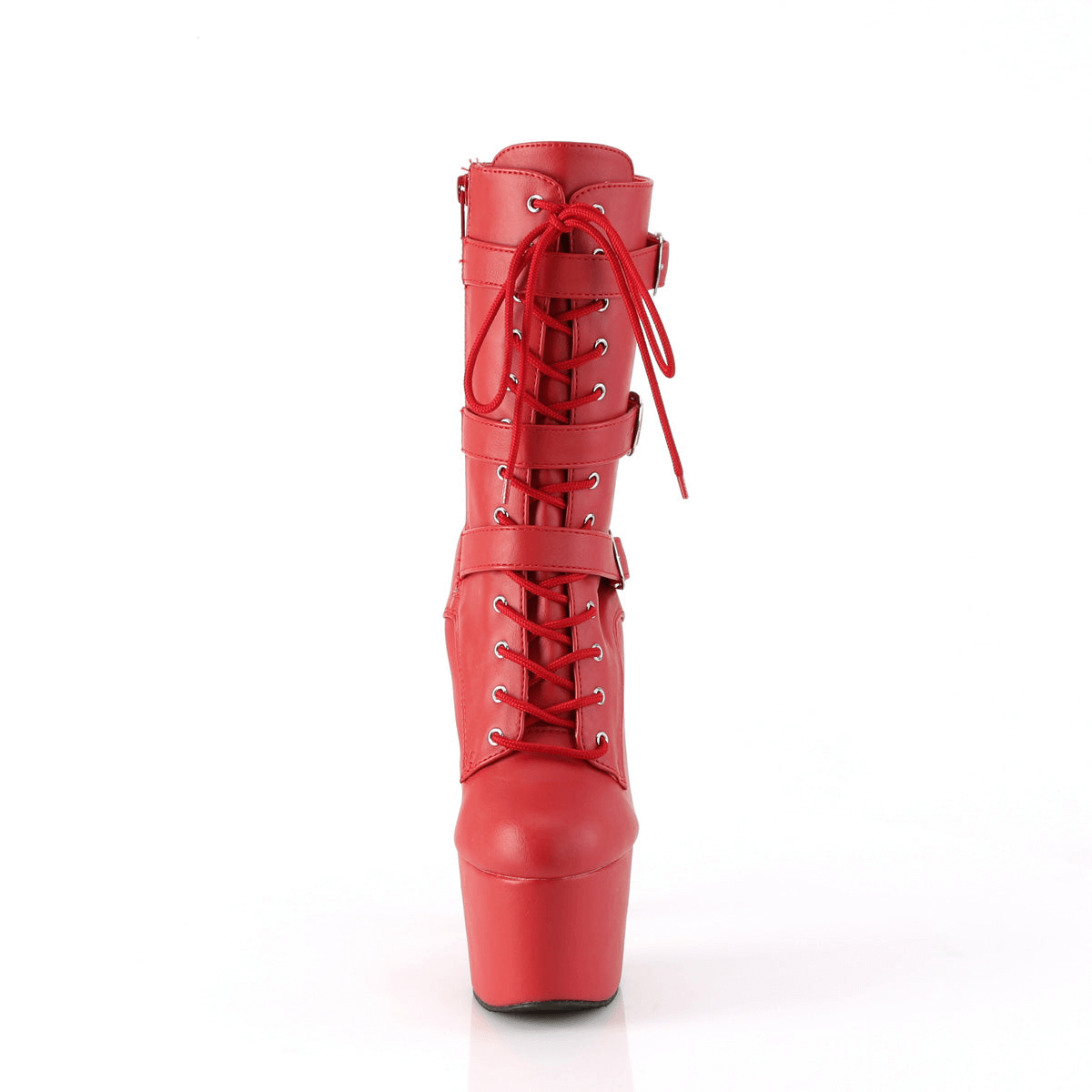 Fiery red lace-up ankle boots with heels and buckles, featuring a bold platform and edgy design.