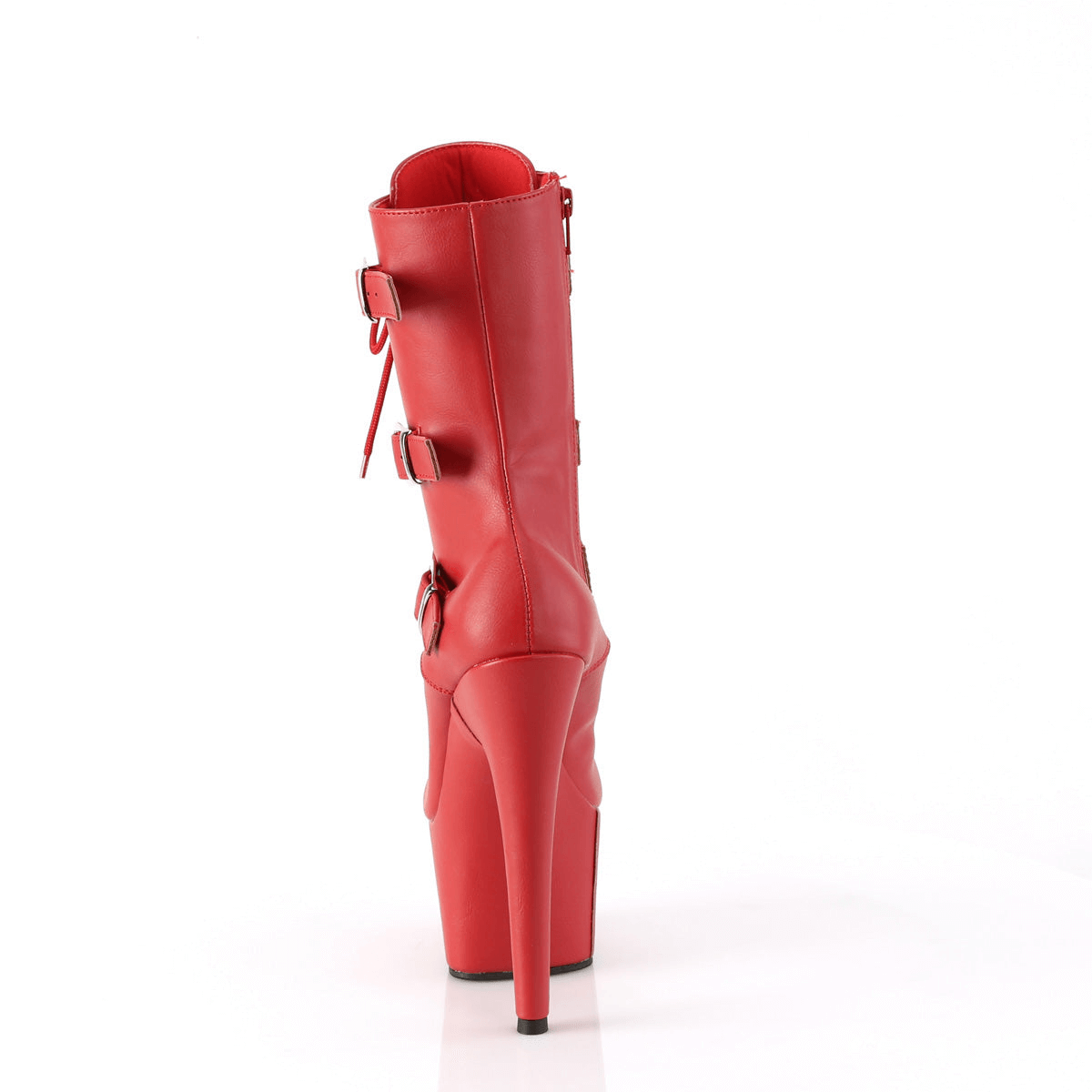 Back view of PLEASER fiery red lace-up ankle boots with high heels and triple buckle straps.