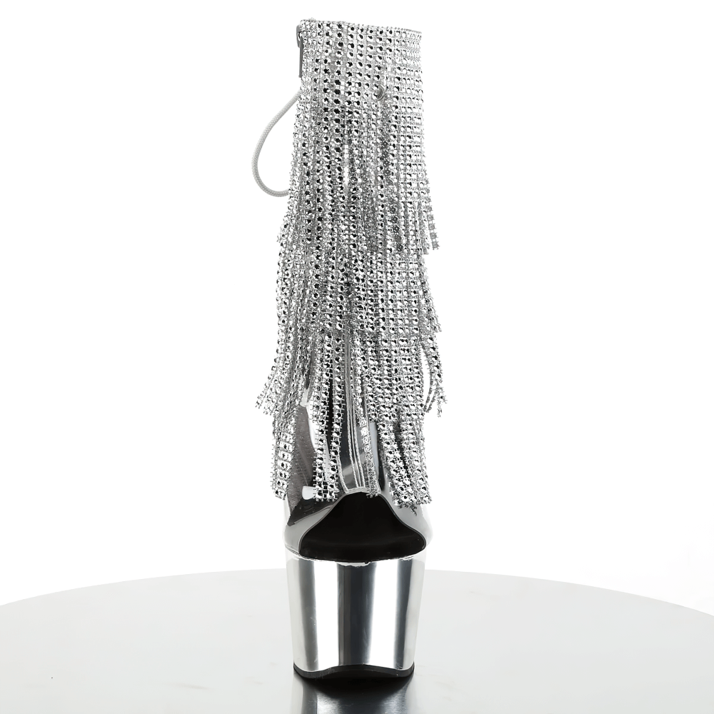 PLEASER Fringe Stiletto Heels with Chrome Platform, featuring rhinestone fringe and lace-up detail, perfect for a dazzling look.