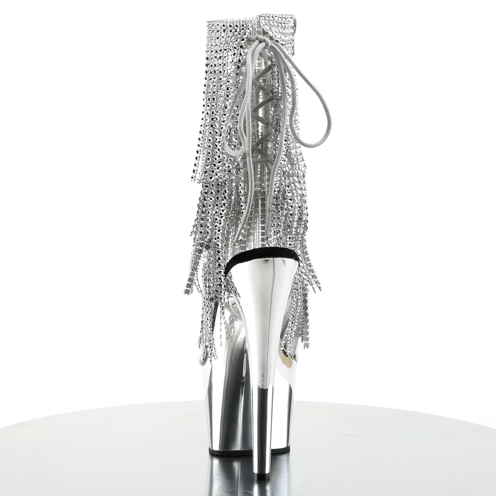 PLEASER Fringe Stiletto Heels with Chrome Platform and Lace-Up Detail, showcasing sparkling rhinestones.