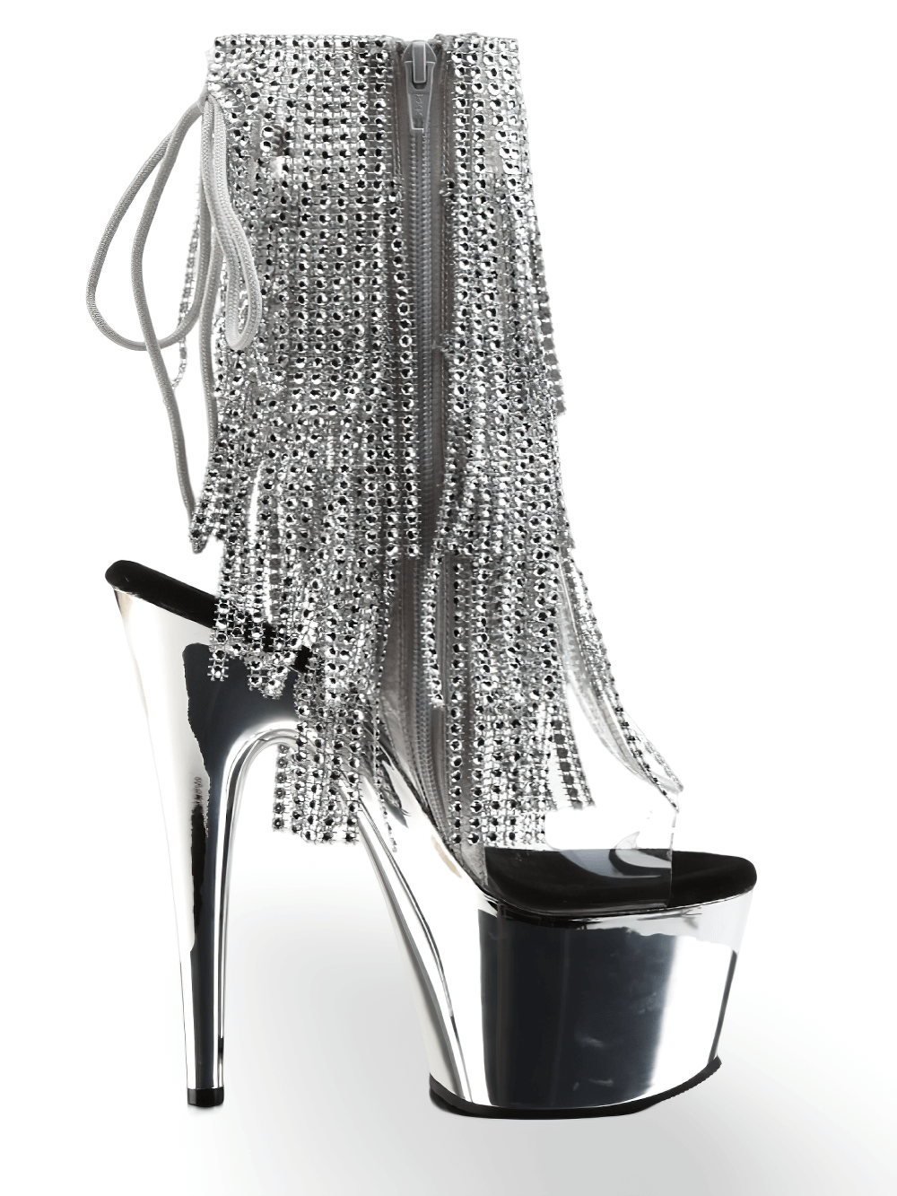 Shiny PLEASER fringe stiletto heels with chrome platform and rhinestone detail, featuring a lace-up back and open-toe design.