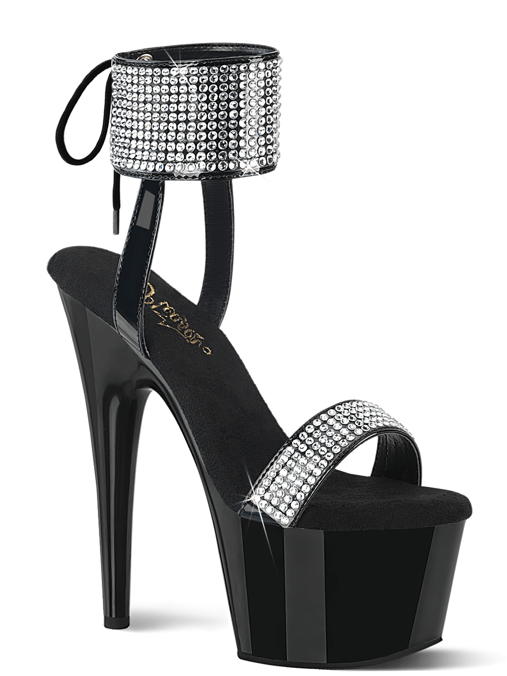 Stylish Pleaser platform sandals with rhinestone straps and lace-up back, featuring a tall heel and glamorous design.