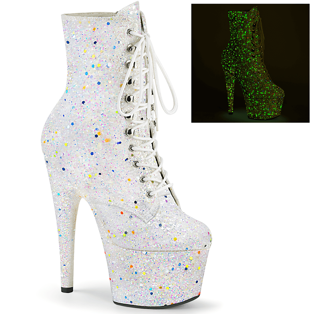 PLEASER Glitter Lace-Up Ankle Boots with stunning blacklight effect, featuring 7-inch heel and sparkling white glitter.