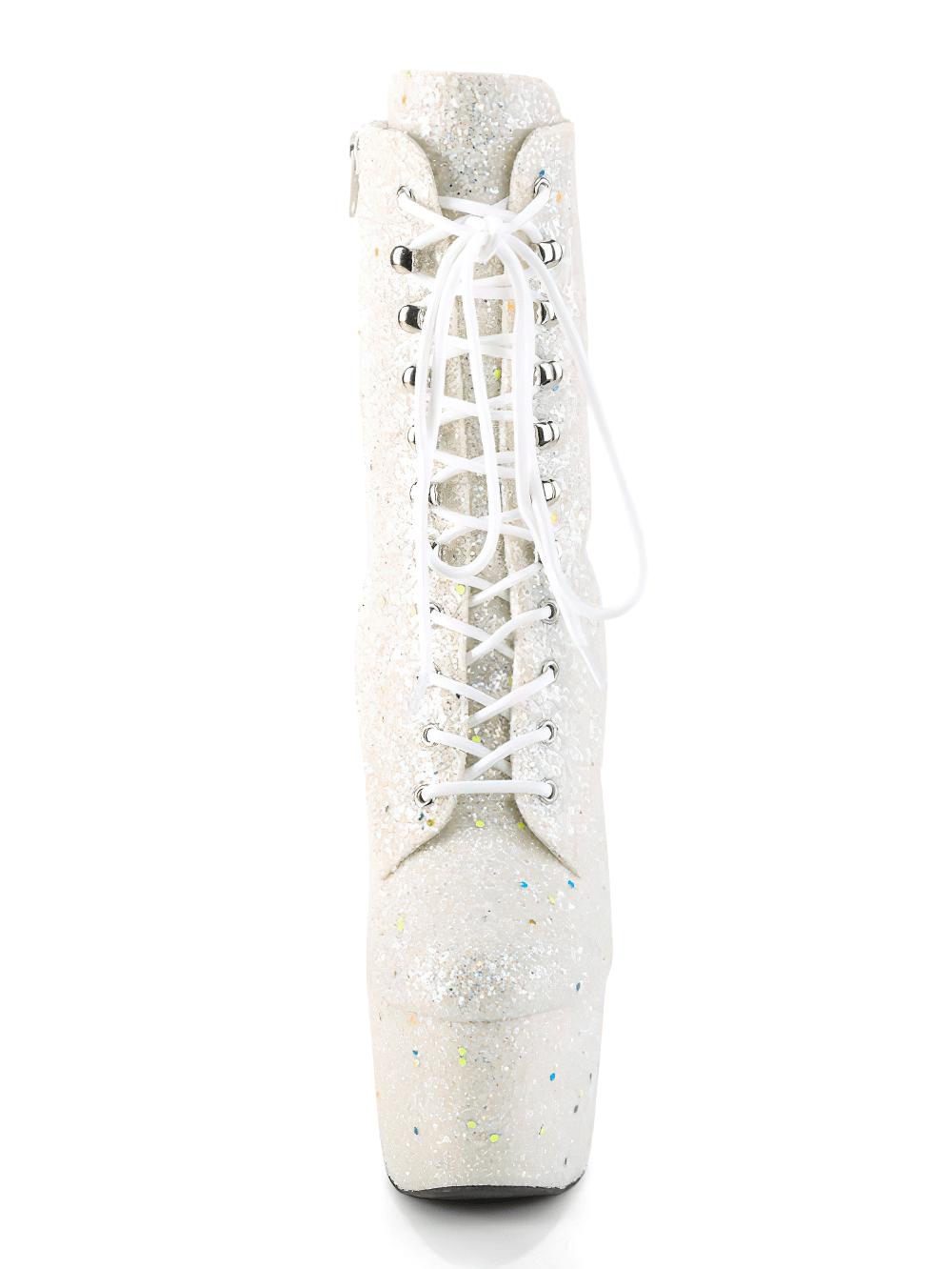 Pleaser glitter lace-up ankle boots with blacklight effect and 7-inch heel, perfect for nights out.