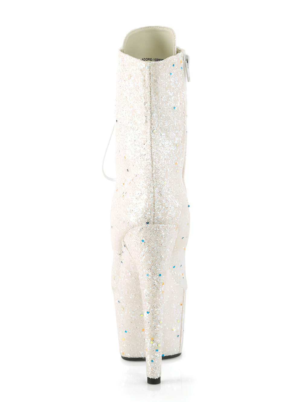 Back view of PLEASER glitter lace-up ankle boots, showcasing sparkling white glitter and tall heel.