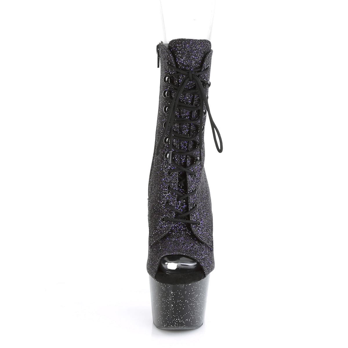 PLEASER glitter lace-up peep-toe ankle boots with 7-inch heels and iridescent platform in black and purple.