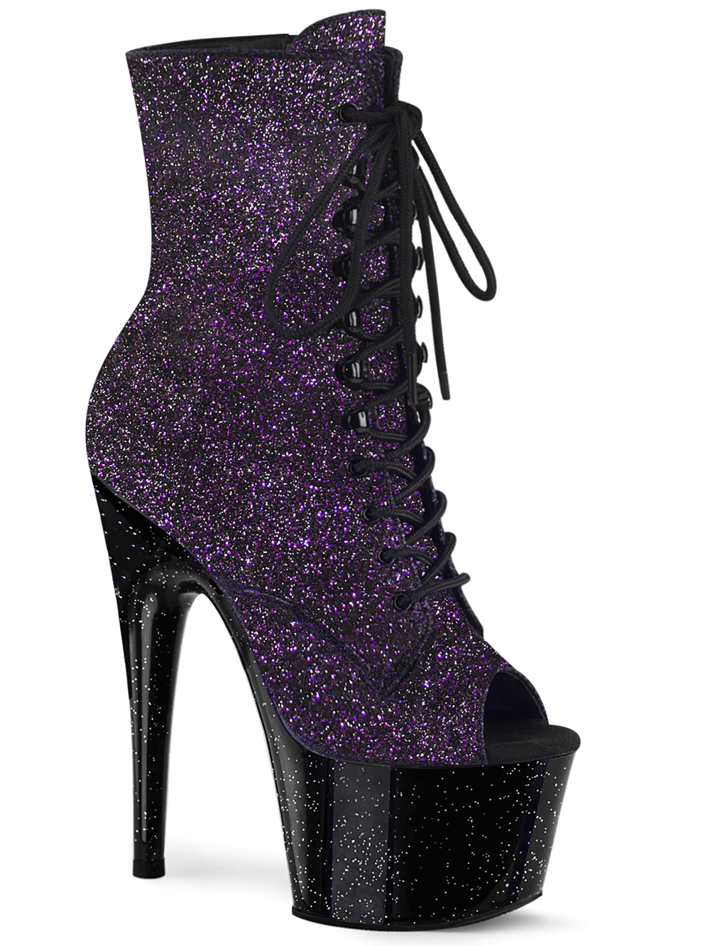 Purple and black glitter lace-up peep-toe ankle boots with 7-inch heels and platform, perfect for making a bold fashion statement.