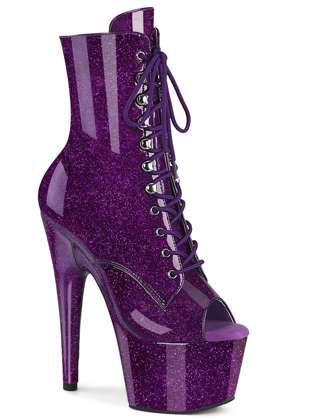 Purple glitter lace-up platform ankle boots with peep toes and 7-inch stiletto heels.