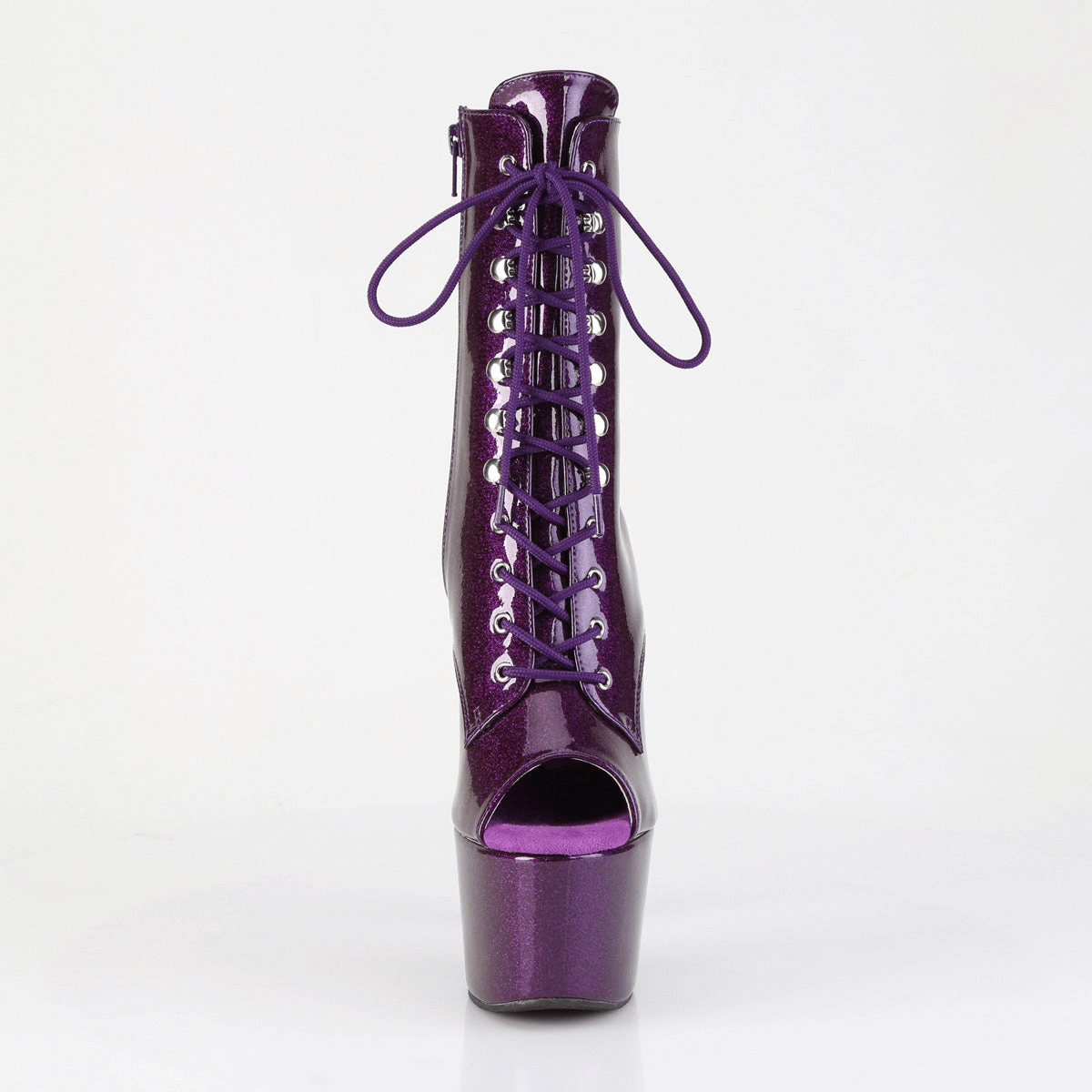 Purple glitter lace-up platform ankle boots with peep toes and 7-inch stiletto heels, perfect for a bold fashion statement.