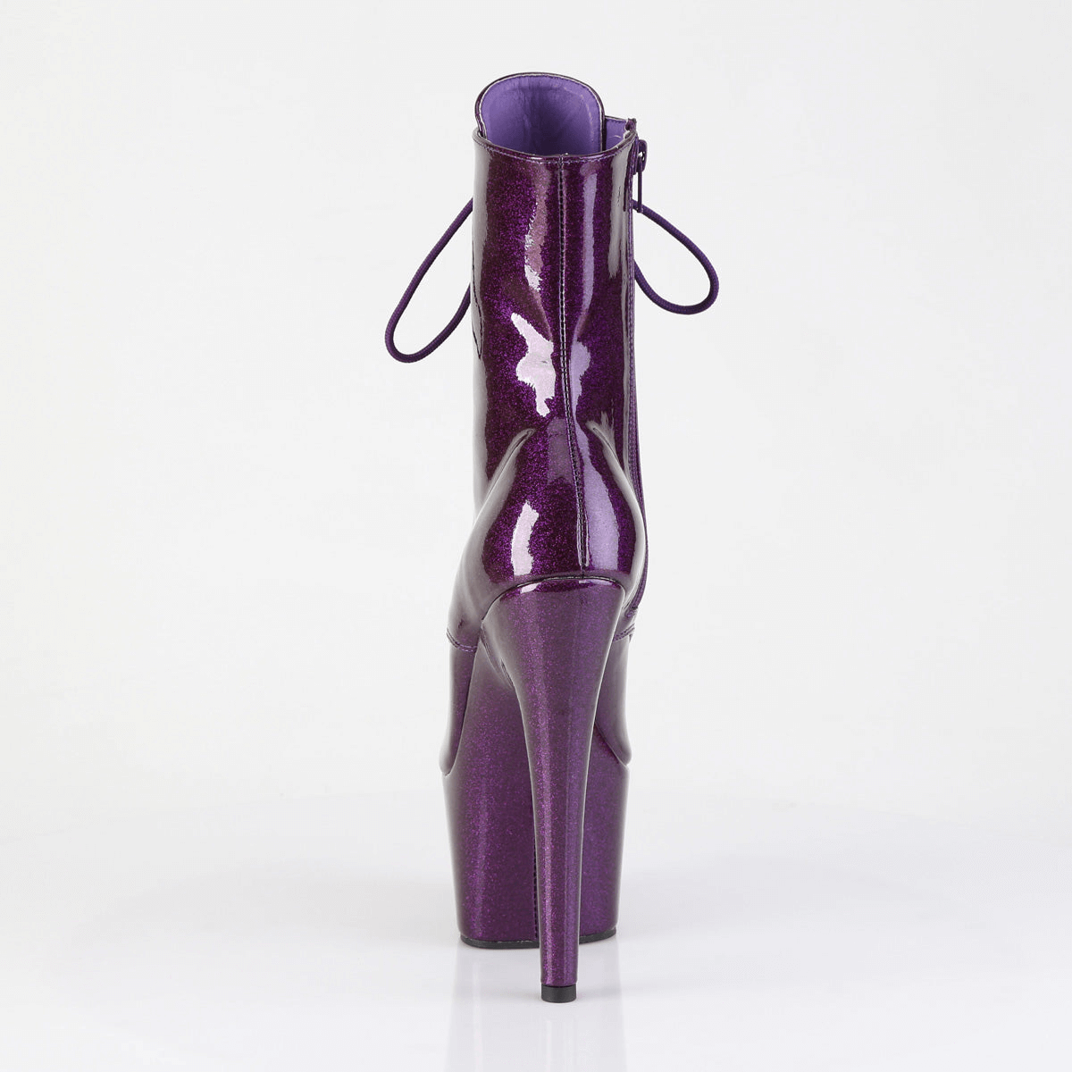 Purple glitter lace-up platform ankle boots featuring a stunning 7-inch stiletto heel and edgy design.
