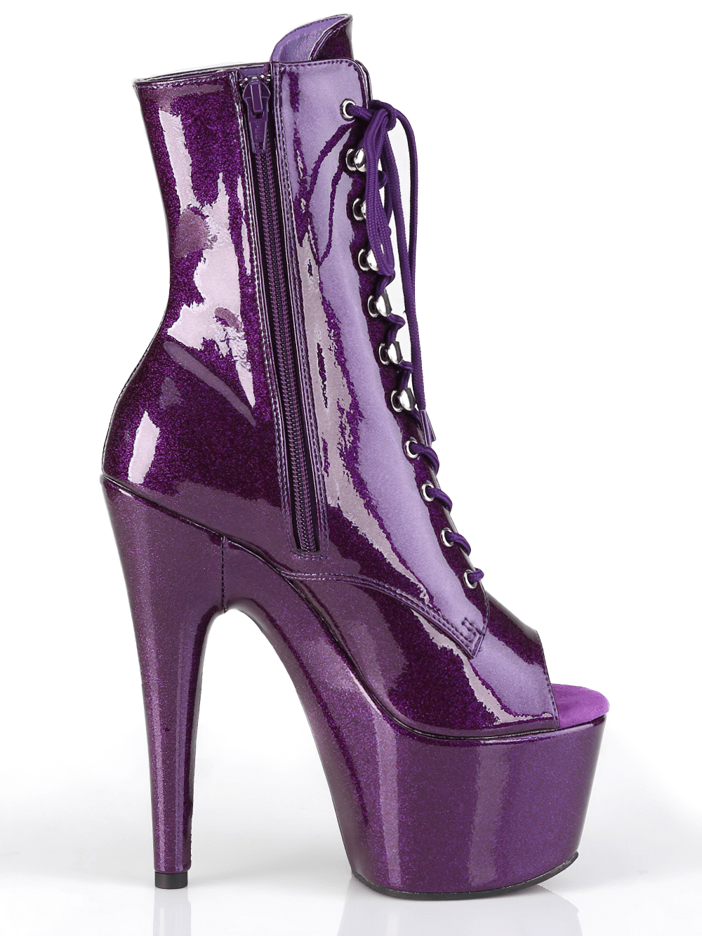 Purple glitter lace-up platform ankle boots with 7-inch stiletto heels and peep toes.