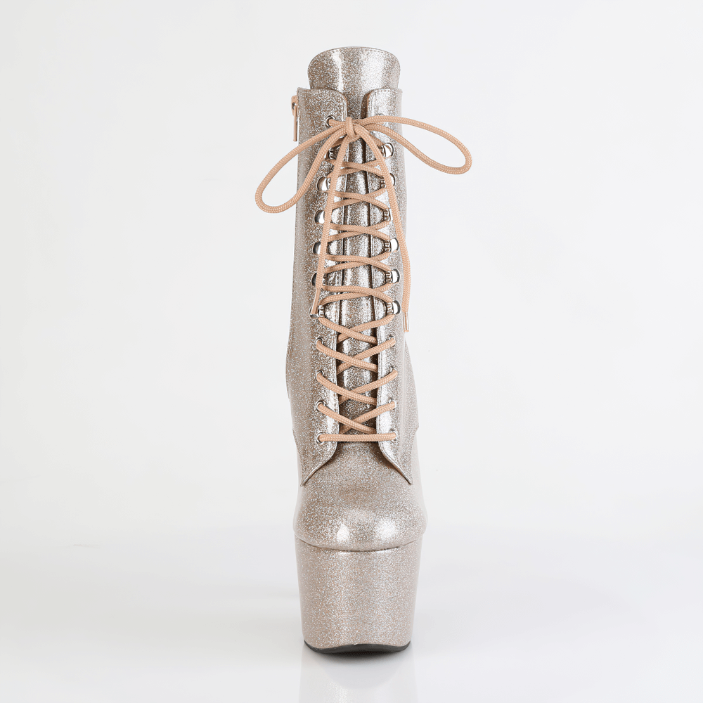 Sparkling glitter lace-up ankle boots with a towering stiletto heel and side zip for bold fashion statements.