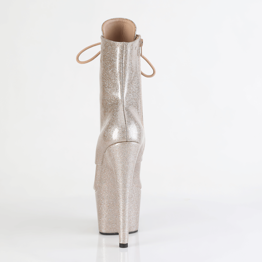 Back view of PLEASER Glitter Lace-Up Platform Ankle Boots with a shiny finish and towering stiletto heel.