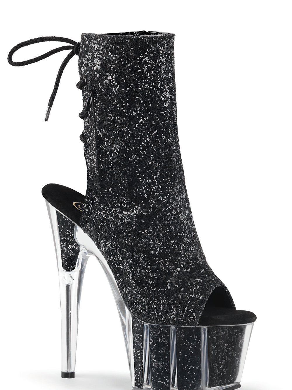 Dazzling PLEASER open-toe ankle boots with black glitter and clear platform, featuring a lace-up back for a bold fashion statement.