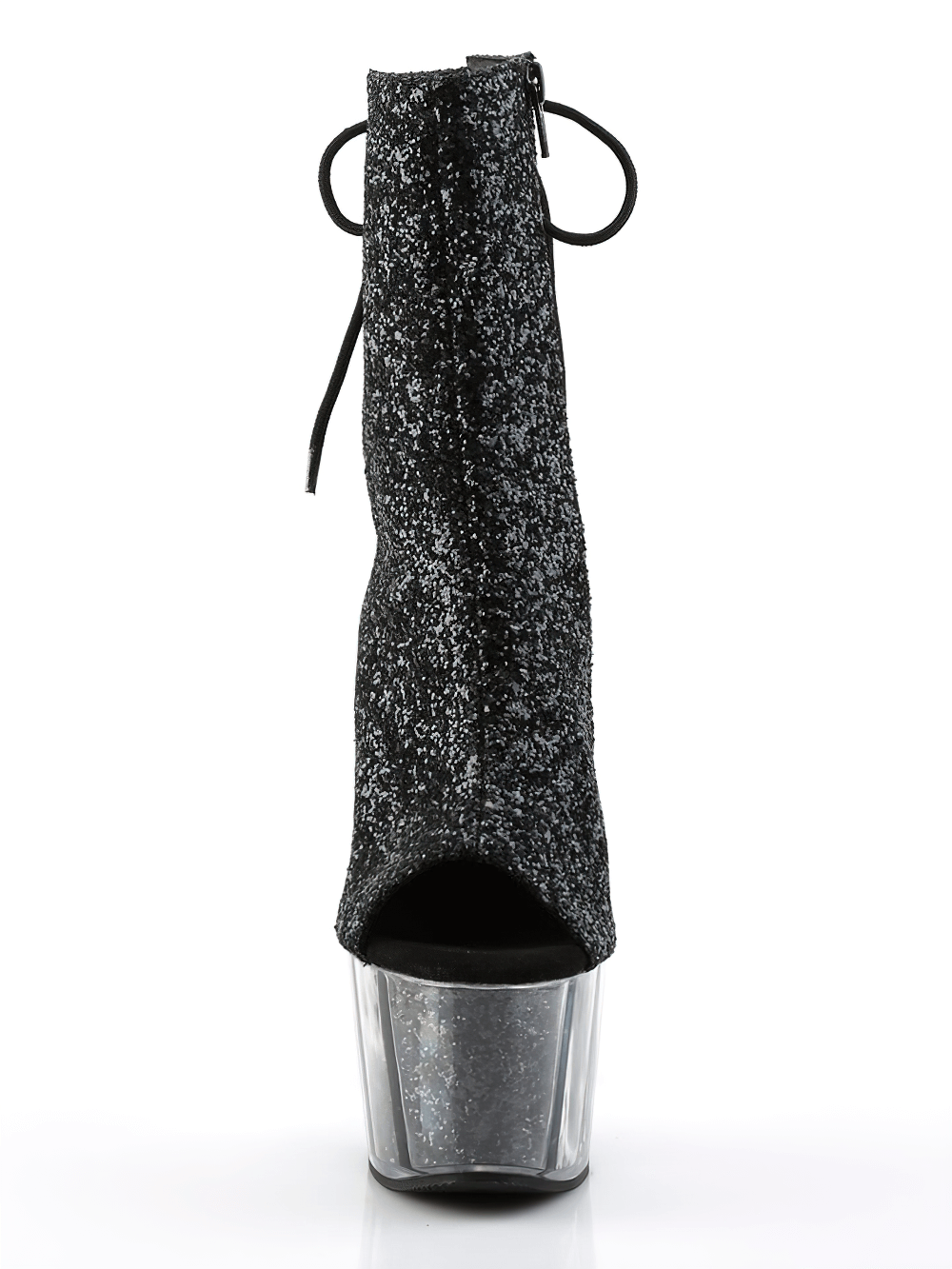 Glittery black open-toe ankle boots with lace-up back and clear platform, perfect for making a bold fashion statement.
