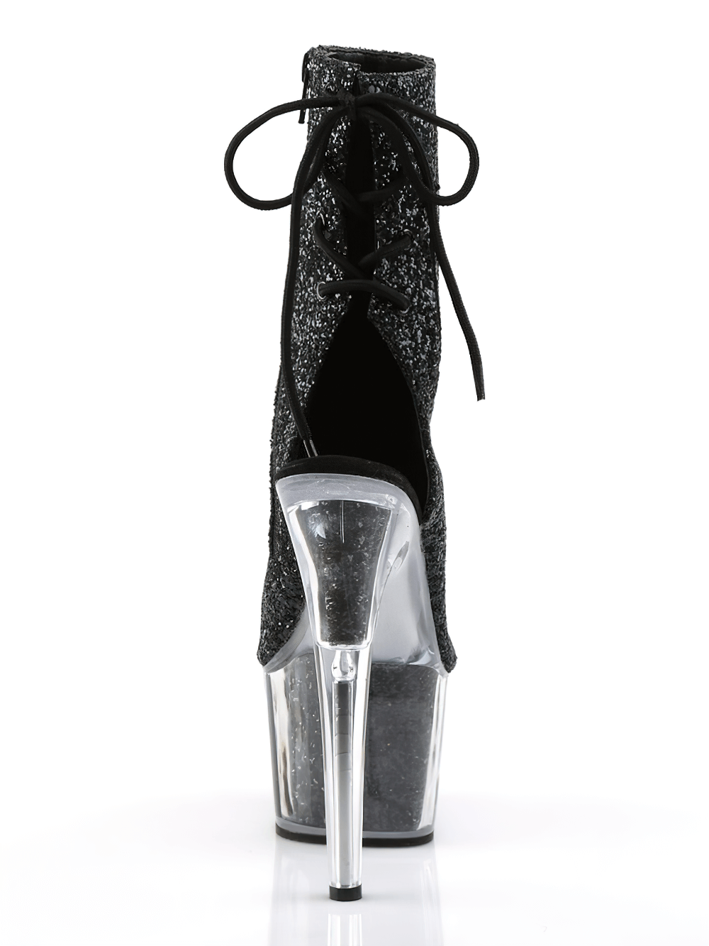 Sparkling black glitter open-toe ankle boots with clear platform and lace-up back, perfect for stylish outings.