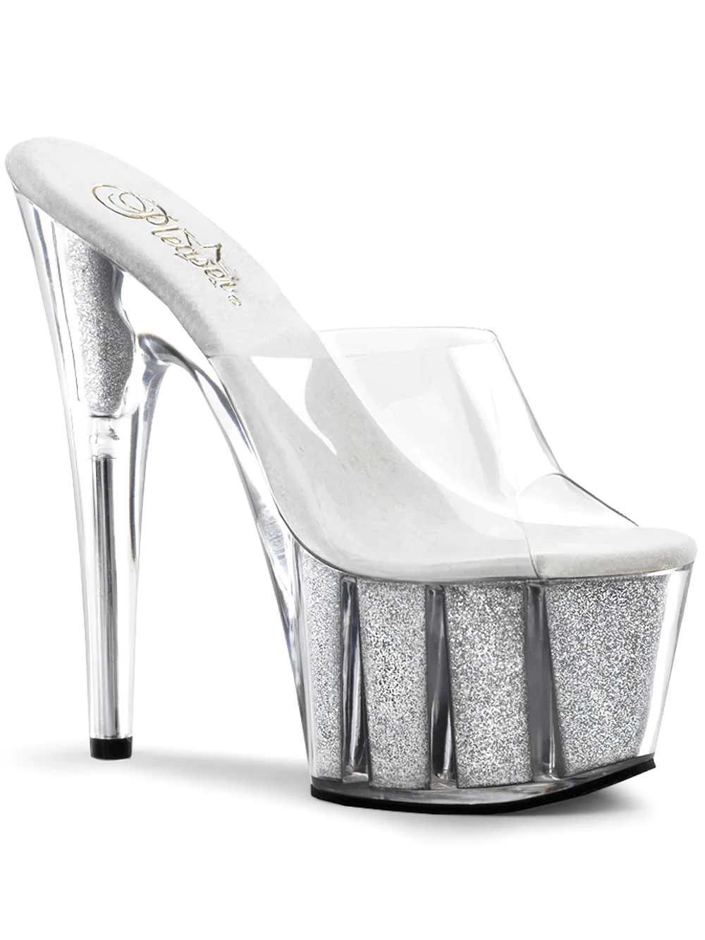 PLEASER silver glitter platform slide with clear strap and high stiletto heel, perfect for glamorous events.