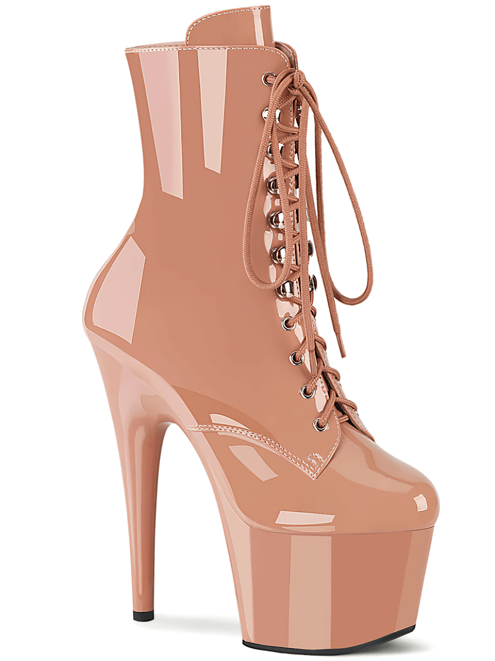 Glossy beige lace-up stiletto ankle boots with a 7-inch heel and 2.75-inch platform, perfect for fashion-forward styles.