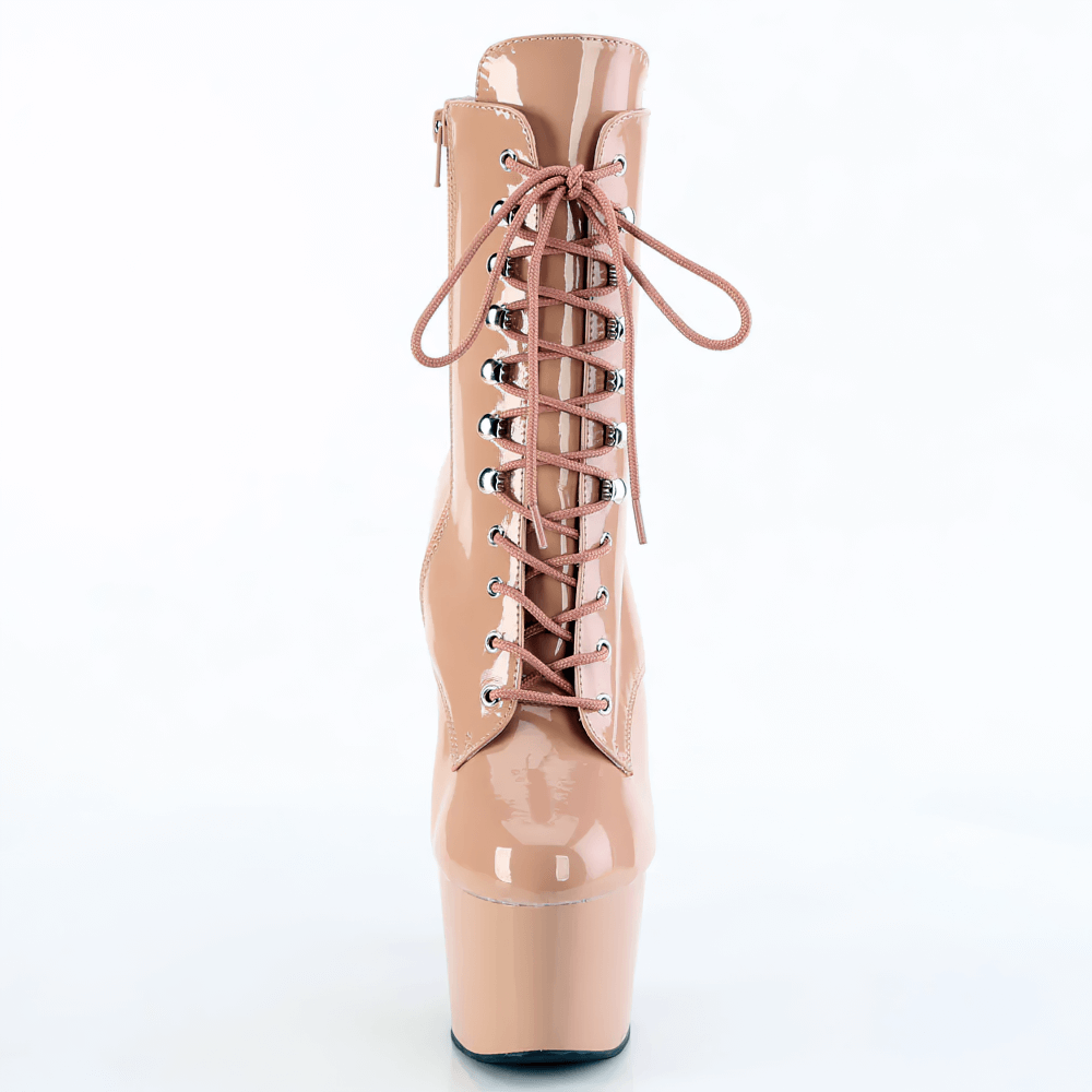 Glossy beige lace-up stiletto ankle boots with 7-inch heel and 2.75-inch platform, perfect for fashion-forward styles.