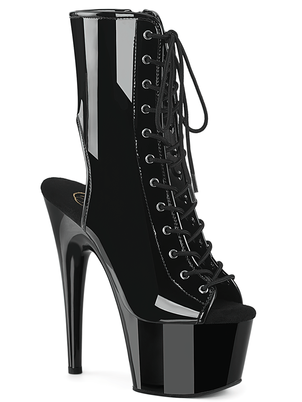 Stylish glossy black peep-toe lace-up platform heeled boots with a bold 7-inch heel for a daring look.