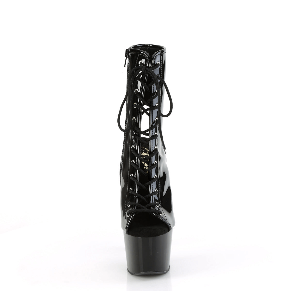 Glossy black peep-toe lace-up platform heeled boots with a bold 7-inch heel and sleek design.
