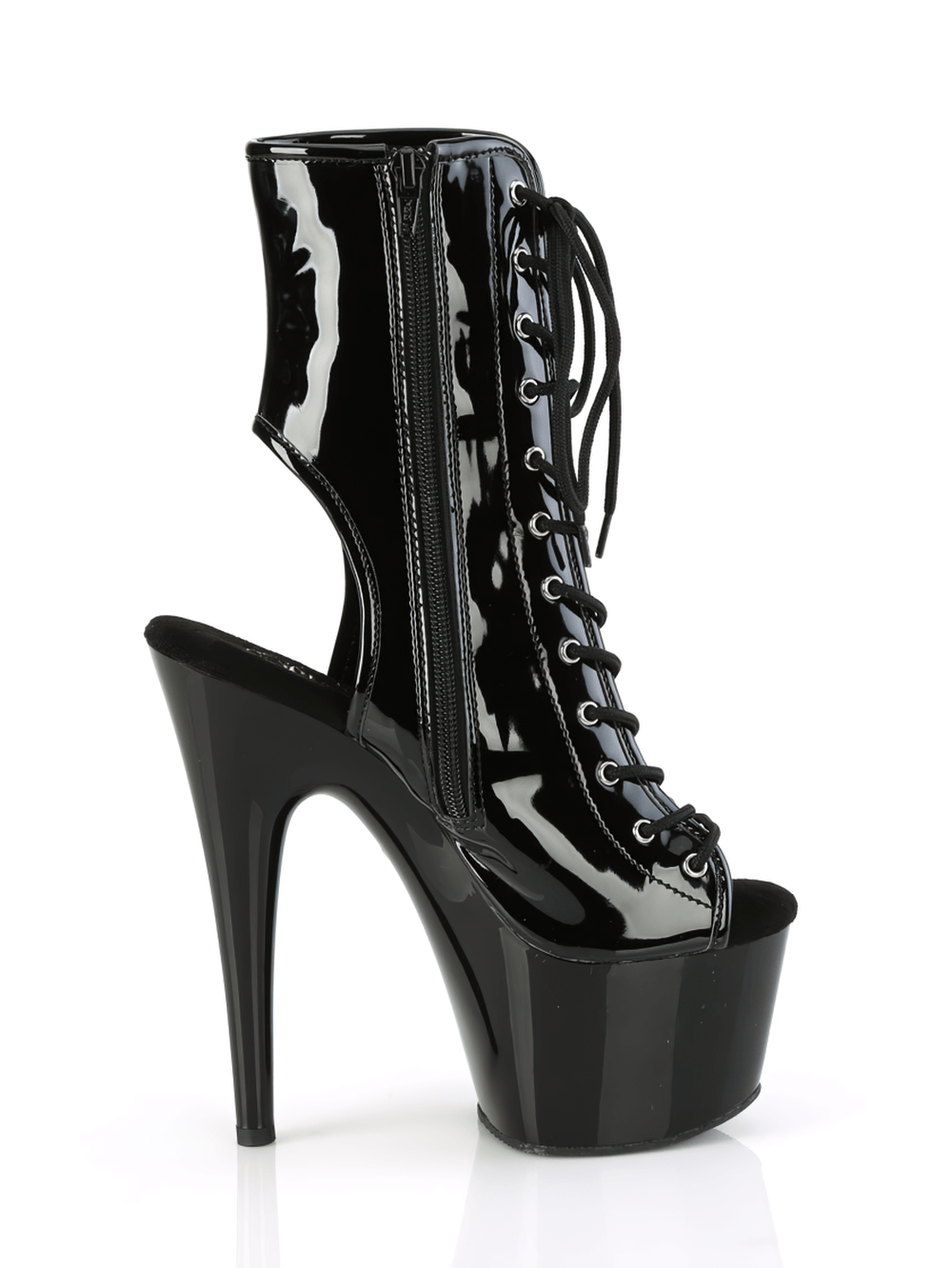 Glossy black peep-toe lace-up platform heeled boots with a 7-inch heel and side zip closure.