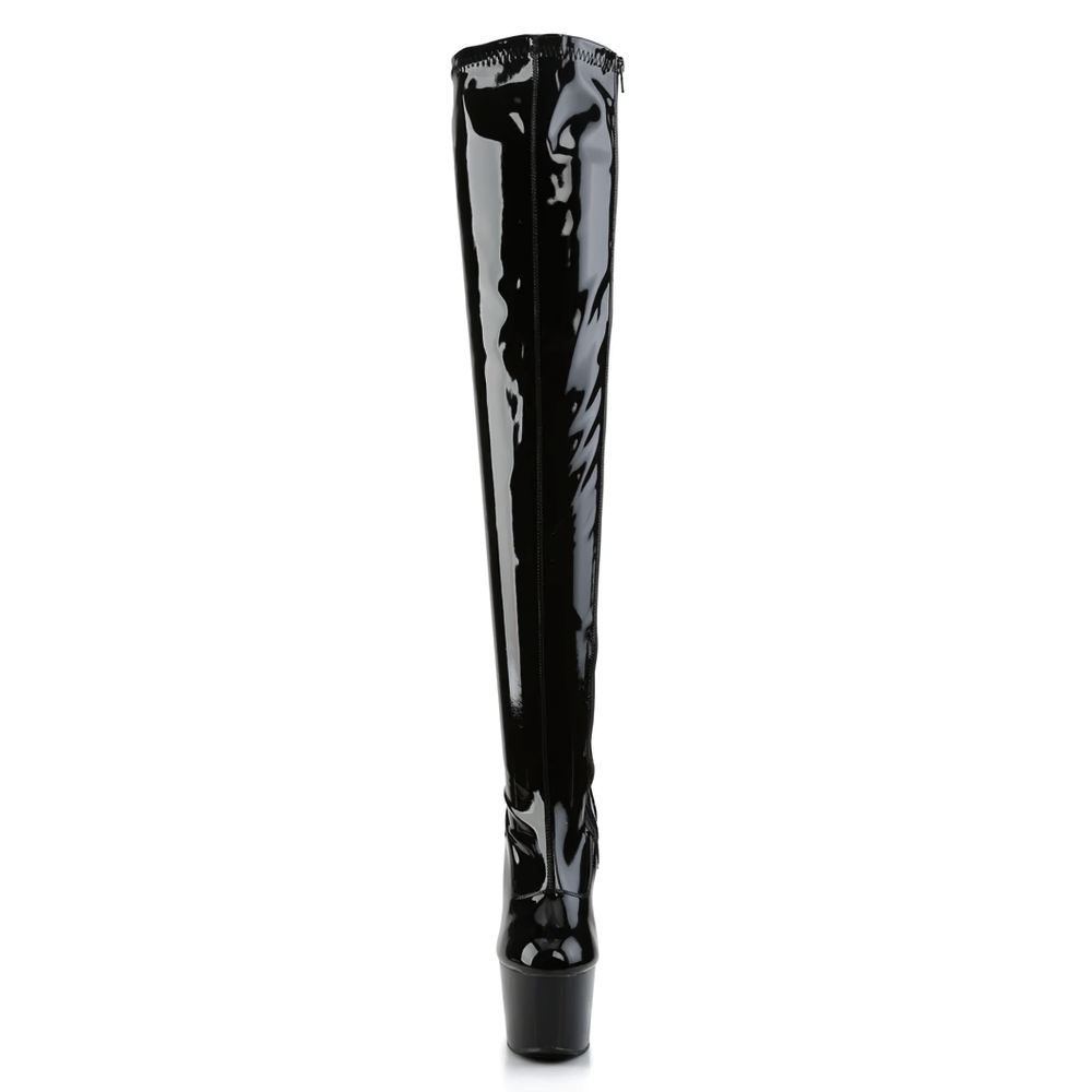 PLEASER Glossy Black Stretch Thigh-High Boots with Zipper