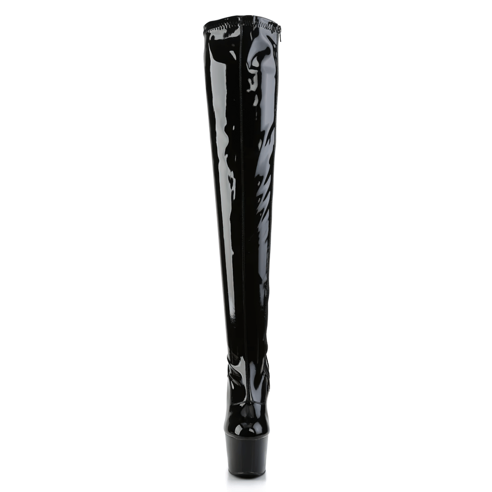 Glossy black thigh-high boots with stiletto heel and zipper, showcasing a sleek patent leather finish.