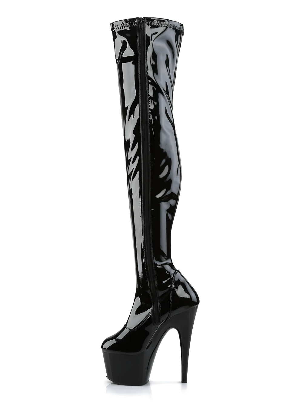 Sleek glossy black thigh-high stiletto boots with a zipper and platform, perfect for bold fashion statements.