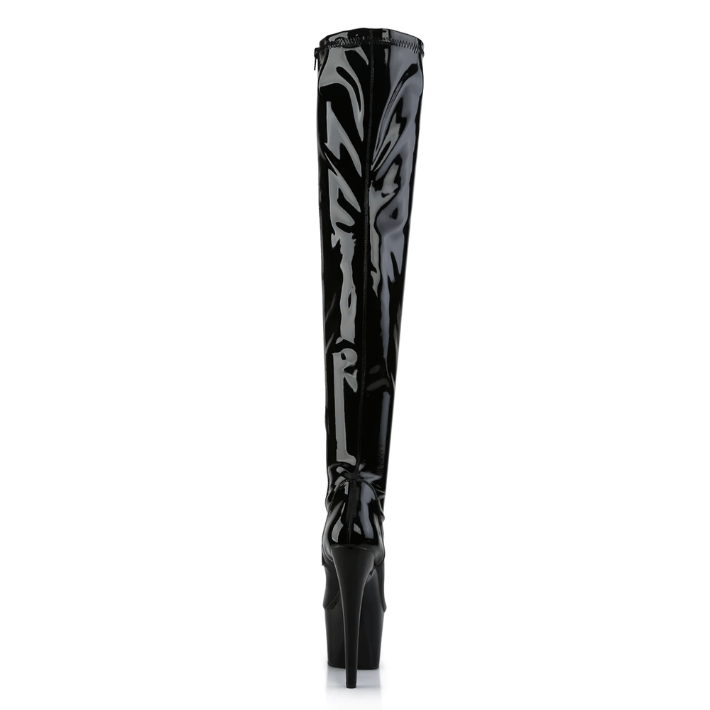 Glossy black thigh-high boots with a 7-inch stiletto heel and inner zipper, perfect for bold fashion statements.