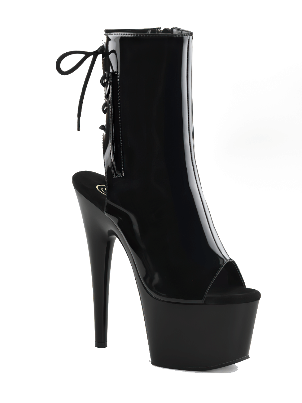 Glossy black peep toe ankle boots with lace-up back, 7-inch heel, and platform for a chic night out.
