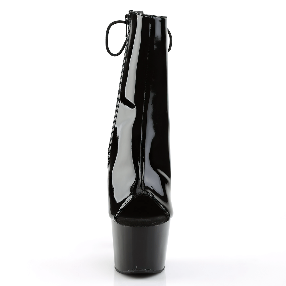 Glossy black peep toe ankle boots with lace-up back and platform heel, front view.